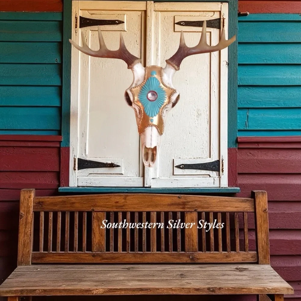Vintage Southwestern Americana Deer Skull Turquoise Blue Gold White Wall Accent